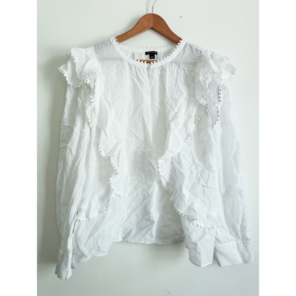 Ann Taylor White Ruffle Pom Pom Trim Blouse Long Sleeve Romantic Cottagecore L